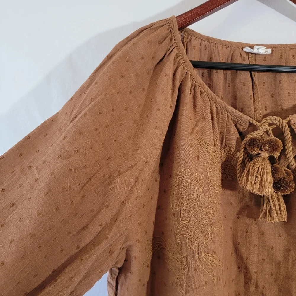 A.N.A. Brown Floral Embroidered Tasel Bohemian  Blouse Sz XXL Cotton Academia